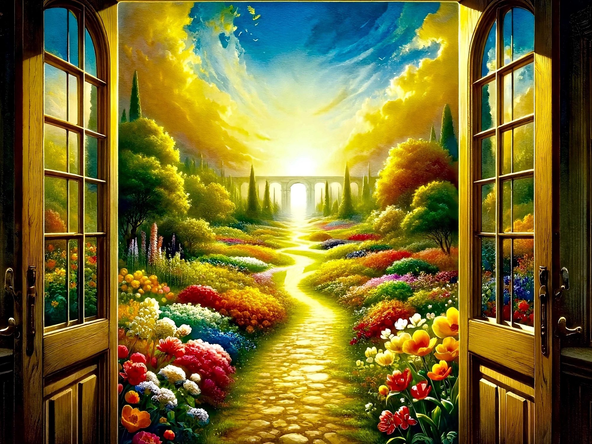 Clear and vivid spring garden viewed through an open door, without any haze or mist. The colors are saturated, capturing the vibrant beauty of various flowers in full bloom. The garden is well-formed with discernible paths and vegetation, extending into the background. The sky above is bright with rich golden streaks, symbolizing a bridge across time. The watercolor strokes are visible throughout, adding texture and depth to the scene, ensuring that every part of the canvas is meticulously painted.